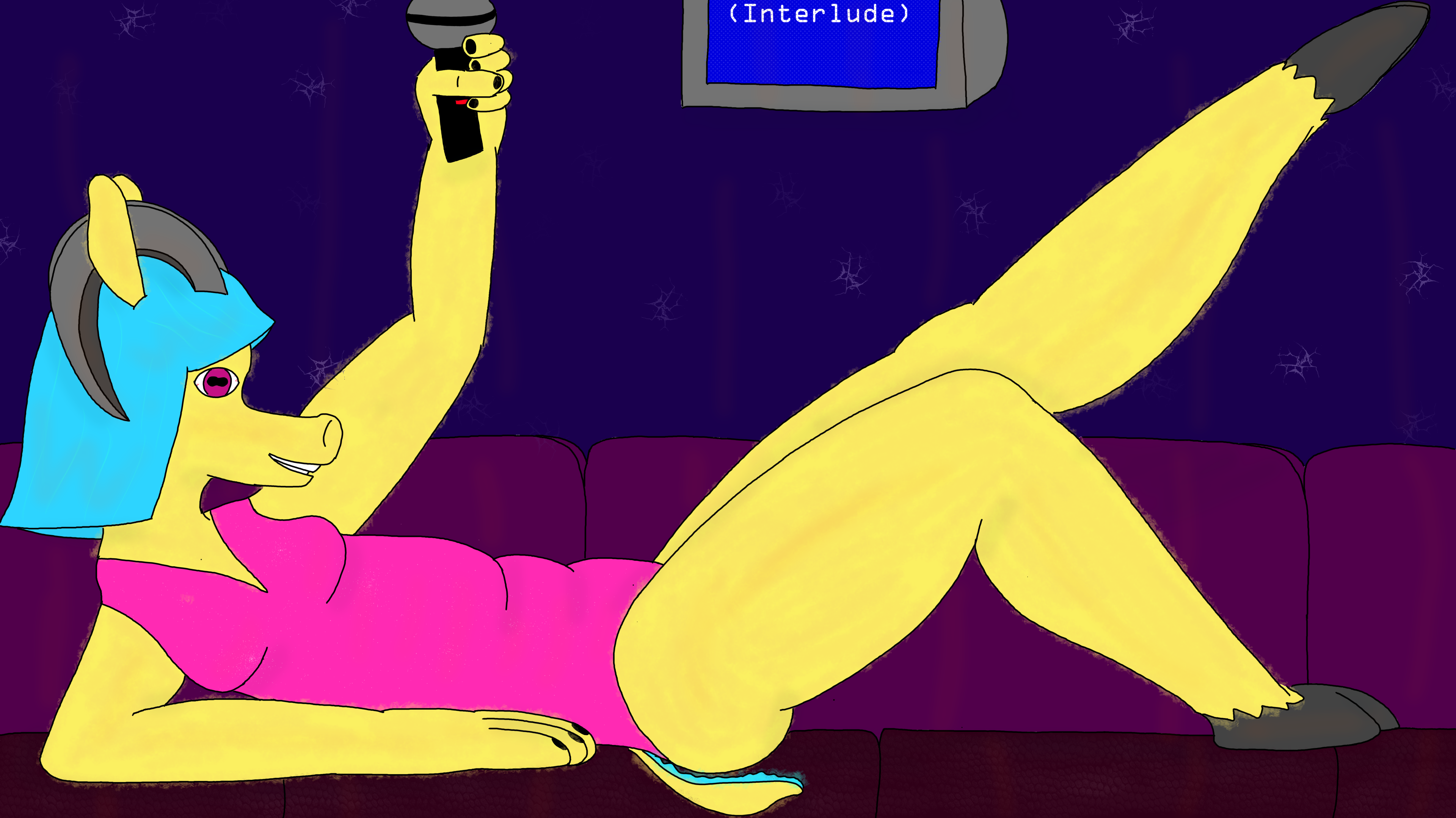 a wallpaper of a yellow goat girl with blue hair in a pink leotard lounging on a couch in a kareoke room, mic in hand